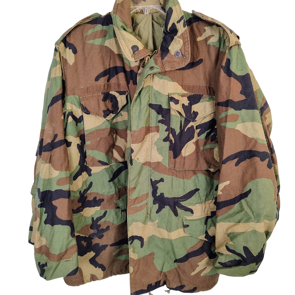 Vintage US Military M-65 Field Jacket Woodland Camo Utility Coat Large Mens